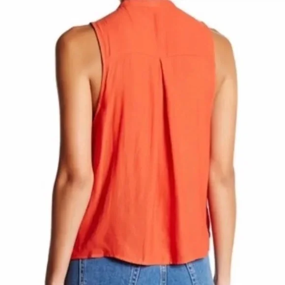 EUC. ✵☽Free People☾✵ Orange <So Fine> Surplice Choker Sleeveless Blouse Top | XS - Picture 8 of 13